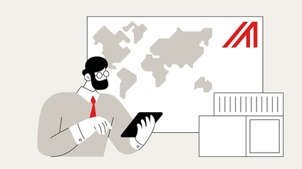 Illustration einer Personen mit Bart und Brille in Businesskleidung mit schwarzer Krawatte, die auf ein Tablett blickt, im Hintergrund zeigt sich ein Whiteboard mit Weltkarte und das rote grafische Logo der Außenwirtschaft in Form des Buchstabens A