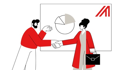 Illustration von zwei Personen in roter Kleidung, die sich die Hand reichen, im Hintergrund zeigt sich ein Whiteboard mit einem Tortendiagramm sowie das rote grafische Logo der Außenwirtschaft in Form des Buchstabens A