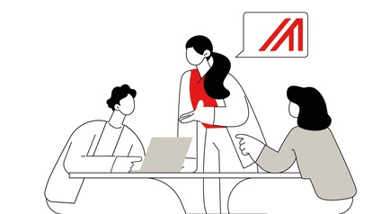 Illustration von drei Personen bei einem Meeting an einem Tisch mit Laptop, eine Person trägt ein rotes Shirt und spricht von der Außenwirtschaft, die symbolisch mit grafischem roten Logo dargestellt wird