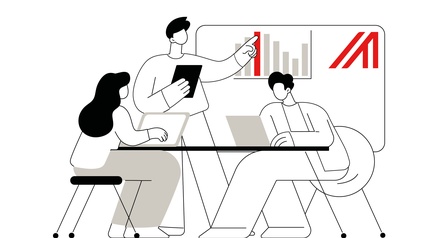 Illustration von zwei Personen, die mit einem Laptop bei Tisch arbeiten, eine weitere Person mit Tablet zeigt auf ein Whiteboard und ein Balkendiagramm sowie das rote grafische Logo der Außenwirtschaft in Form des Buchstabens A ist platziert