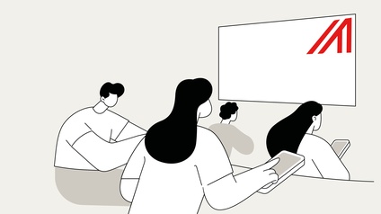 Illustration von Personen, die mit einem Smartphone vor einer Leinwand sitzen und darauf blicken, in der rechten oberen Ecke ist das grafische Logo der Außenwirtschaft als Buchstabe A platziert