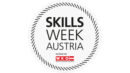 Logo der Skills Week Austria: Schwarzer Schriftzug Skills Week Austria ein Projekt der WKO Wirtschaftskammern Österreichs in Kreis platziert, dessen Linien aus kurzen Strichen bestehen