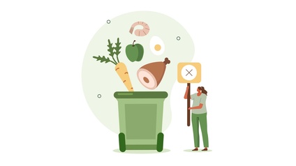 Eine Mülltonne in die Lebensmittel geworfen werden und eine Figur, die ein Transparent gegen Lebensmittelverschwendung hält