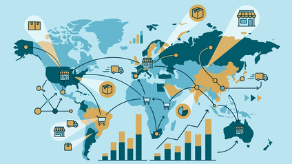 Global logistics network with world map and data charts 