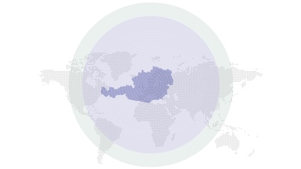 Ein blau angedeutetes Radar liegt über der Weltkarte - in der Mitte Österreich