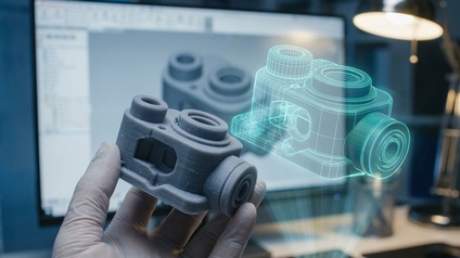 Behandschuhte Hand hält ein graues 3D-gedrucktes Bauteil neben dessen leuchtendem digitalen Drahtgittermodell vor einem CAD-Bildschirm.