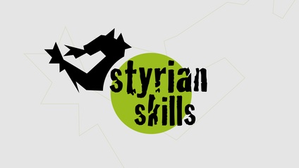 Styrian Skills, schwarzer Panter auf grauem Hintergrund, grüner Kreis mit Schrift Styrian Skills mittig