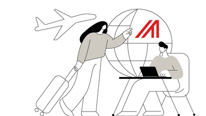 Illustration von einer Person, die mit einem Laptop an einem Schreibtisch sitzt, während eine Person mit einem Reisekoffer auf diese zugeht, im Hintergrund zeigt sich eine Weltkugel mit rotem grafischen Logo der Außenwirtschaft, ein Flugzeug fliegt vorbei