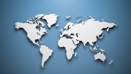 Rendering der Weltkarte: Weiße Kontinente auf blauem Hintergrund