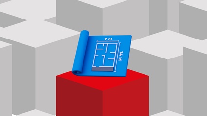 Stilisierte 3D-Grafik mit grauen Würfeln im Hintergrund und einem hervorgehobenen roten Würfel im Vordergrund. Darauf befindet sich ein Plan-Symbol