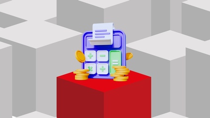 Stilisierte 3D-Grafik mit grauen Würfeln im Hintergrund und einem hervorgehobenen roten Würfel im Vordergrund. Darauf befindet sich ein stilisierter Taschenrechner