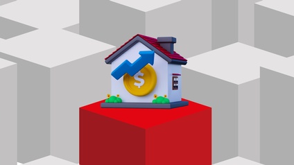 Stilisierte 3D-Grafik mit grauen Würfeln im Hintergrund und einem hervorgehobenen roten Würfel im Vordergrund. Darauf befindet sich ein stilisiertes Haus