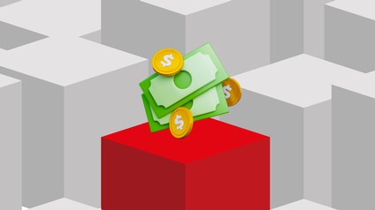 Stilisierte 3D-Grafik mit grauen Würfeln im Hintergrund und einem hervorgehobenen roten Würfel im Vordergrund. Darauf befindet sich stilisiertes Geld