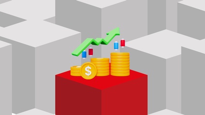Stilisierte 3D-Grafik mit grauen Würfeln im Hintergrund und einem hervorgehobenen roten Würfel im Vordergrund. Darauf befinden sich stilisierte Stapel aus Münzen, darüber ein Statistikpfeil