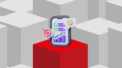 Stilisierte 3D-Grafik mit grauen Würfeln im Hintergrund und einem hervorgehobenen roten Würfel im Vordergrund. Darauf befindet sich ein symbolisches Tablet mit Statistiksymbolen