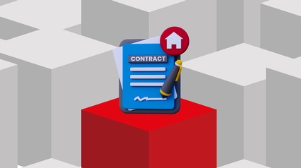 Stilisierte 3D-Grafik mit grauen Würfeln im Hintergrund und einem hervorgehobenen roten Würfel im Vordergrund. Darauf befindet sich ein stilisierter Vertrag mit der Aufschrift 