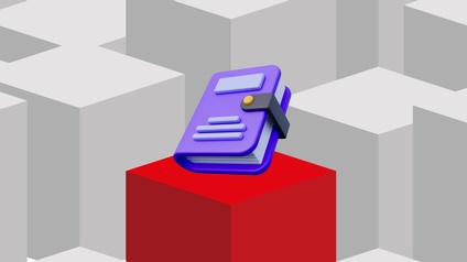 Stilisierte 3D-Grafik mit grauen Würfeln im Hintergrund und einem hervorgehobenen roten Würfel im Vordergrund. Darauf befindet sich ein stilisierter Filofax