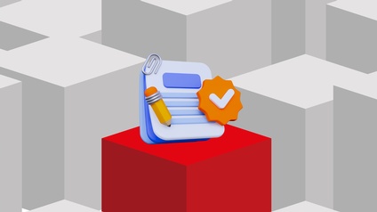 Stilisierte 3D-Grafik mit grauen Würfeln im Hintergrund und einem hervorgehobenen roten Würfel im Vordergrund. Darauf befindet sich ein stilisierter Notizblock und im Vordergrund ein Bleistift