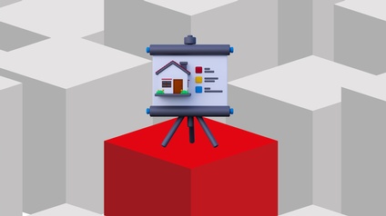 Stilisierte 3D-Grafik mit grauen Würfeln im Hintergrund und einem hervorgehobenen roten Würfel im Vordergrund. Darauf befindet sich ein stilisiertes Flipchart