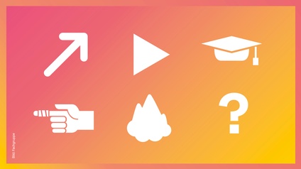 Verschiedene Symbole auf orange-gelbem Hintergrund: Pfeil, Dreieck, Hut, Hand, Feuer, Fragezeichen