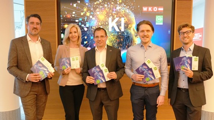 WIFI-Institutsleiter Thomas Jestl, Irmgard Grass (WIFI-Marketing), WK-Präsident Andreas Wirth sowie die Keynote-Speaker Florian Hasibar und Andreas Lederer (v. l.). 