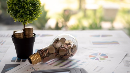 Mehrere Zettel liegen übereinander auf einem Tisch. Auf den Zetteln sind verschiedene Statistiken und Diagramme. Auf den Zetteln liegen eine Glühbirne, befüllt mit Münzen, ein Taschenrechner und eine sehr kleine Topfpflanze, auf der Münzen gestapelt sind.