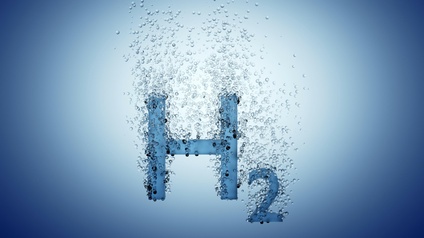 Buchstabe und Zahl H2 in blau auf blauem Hintergrund mit Luftblasen