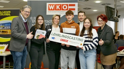 Regionalstellenleiter Christoph Winkler, Antonela Maić (Schülerin), Marie-Theres Pauss (AMS Oberwart), Florian Schmalzl (Schüler), Christian Pronai (Bildungsdirektion Burgenland), Sarah Nielsen (Schülerin) und Regionalstellenobfrau Tanja Stöckl (v. l.) 