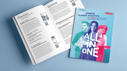 Man sieht die Broschüre zu Serviceinhalten zu EPU. Zu sehen ist eine einzelne Seite sowie das Cover der Broschüre mit dem Titel 