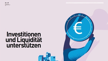Illustration, die eine blaue Hand zeigt, die eine Euromünze hält