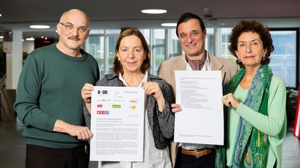 von links: Markus Schleinzer (Regisseur und Drehbuchautor), Susi Stach (Schauspielerin), Alexander Dumreicher-Ivanceanu (Filmproduzent und Obmann des Fachverbands der Film- und Musikwirtschaft in der WKÖ) und Ruth Beckermann (Regisseurin und Produzentin)