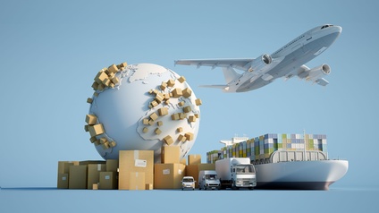 Flugzeug, Containerschiff und Lastkraftwagen als Symbol für Handel