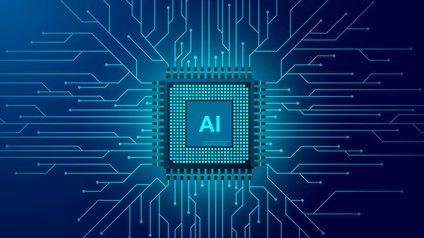 Blaue Illustration einer Platine mit den Buchstaben AI von der Netzwerklinien verlaufen
