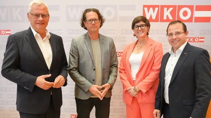 Eisenstadts Bürgermeister Thomas Steiner, die Vortragenden Roland Gruber und Monika Hohenecker sowie Wirtschaftskammerpräsident Mst. Andreas Wirth (v. l.) 