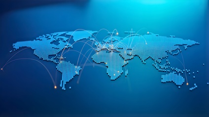 Dynamische digitale Weltkarte mit leuchtenden globalen Netzwerkverbindungen