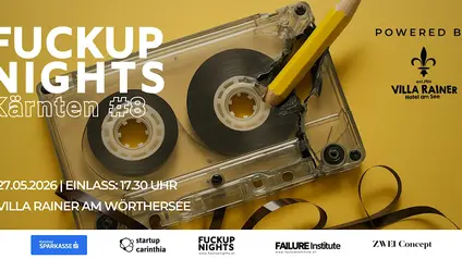 Sujet der Fuckup Nights Kärnten mit einer alten kaputten Kassette, in der ein Bleistrift steckt