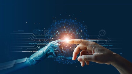 Zeigefinger eines Roboters und eines Mannes berühren sich