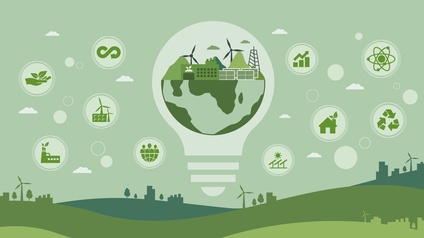 Illustration in Grün gehalten: Große Glühbirne mit halber Weltkugel und Windrädern umgeben von Icons zum Thema Nachhaltigkeit