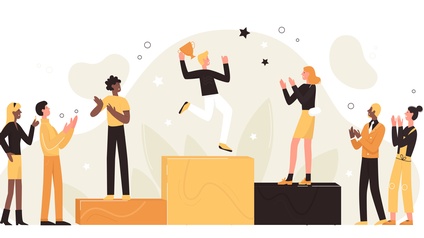 Illustration eines weißen Hintergrunds, auf dem ein Podest ist, auf dem auf der jeweiligen Stufe eine Person steht. Die Person am obersten Podest hält einen Pokal. Neben dem Podest stehen klatschende Personen