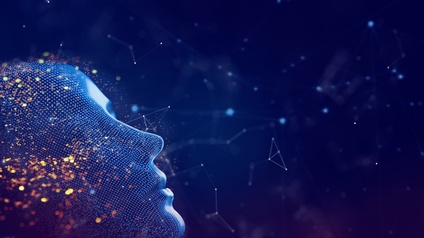 Big-Data- und KI‑Konzept: Maschinelles Lernen und Cyber‑Intelligenz dargestellt als Frauengesicht vor dunkelblauem Technologiehintergrund (3D‑Illustration).