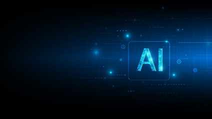 Grafische Illustration zu künstlicher Intelligenz. Mittig steht in großen Lettern und blau leuchtend AI geschrieben. Rundherum befinden sich blau leuchtende Schaltkreise und Vernetzungen vor einem dunklem Hintergrund.