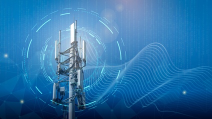 Ein Funkmasten vor blauem Himmel. Über den Funkmasten sind die Grafiken hellblauer Wellen und Kreise gelegt