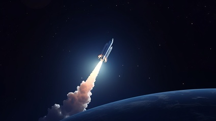 Eine Rakete fliegt durchs Weltall