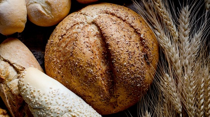 Detailansicht eines Laibes Brot umgeben von Weizenähren, Baguettes, Weckerln und Semmeln