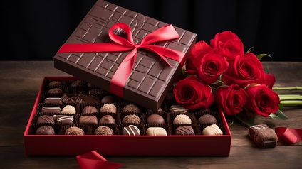 Rote Rosen, Schokolade und Pralinen vor schwarzem Hintergrund