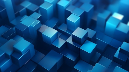 KI-generiertes Bild blauer Würfel in 3D, die übereinander gestapelt sind