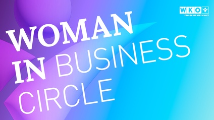Lila und blaue Grafik mit Icon einer Person und dem Schriftzug Woman in Business Circle sowie WKO FiW Logo