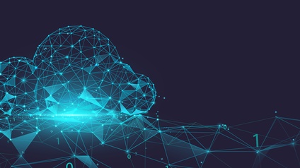 Rendering einer leuchtende Wolke aus Linien und Punkte bestehend auf dunklem Hintergrund, an einzelnen Verknüpfungspunkten die Zahlen 1 und 0