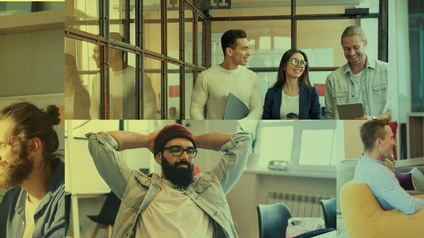 Collage aus vierFotos mit jungen Leuten in verschiedenen Arbeitssituationen