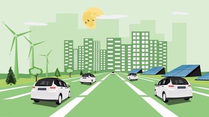 Illustration einer emissionsfreien Stadt: Elektroautos auf Straße fahrend, ringsum Solarpanele und Windräder, im Hintergrund Hochhäuser in grün